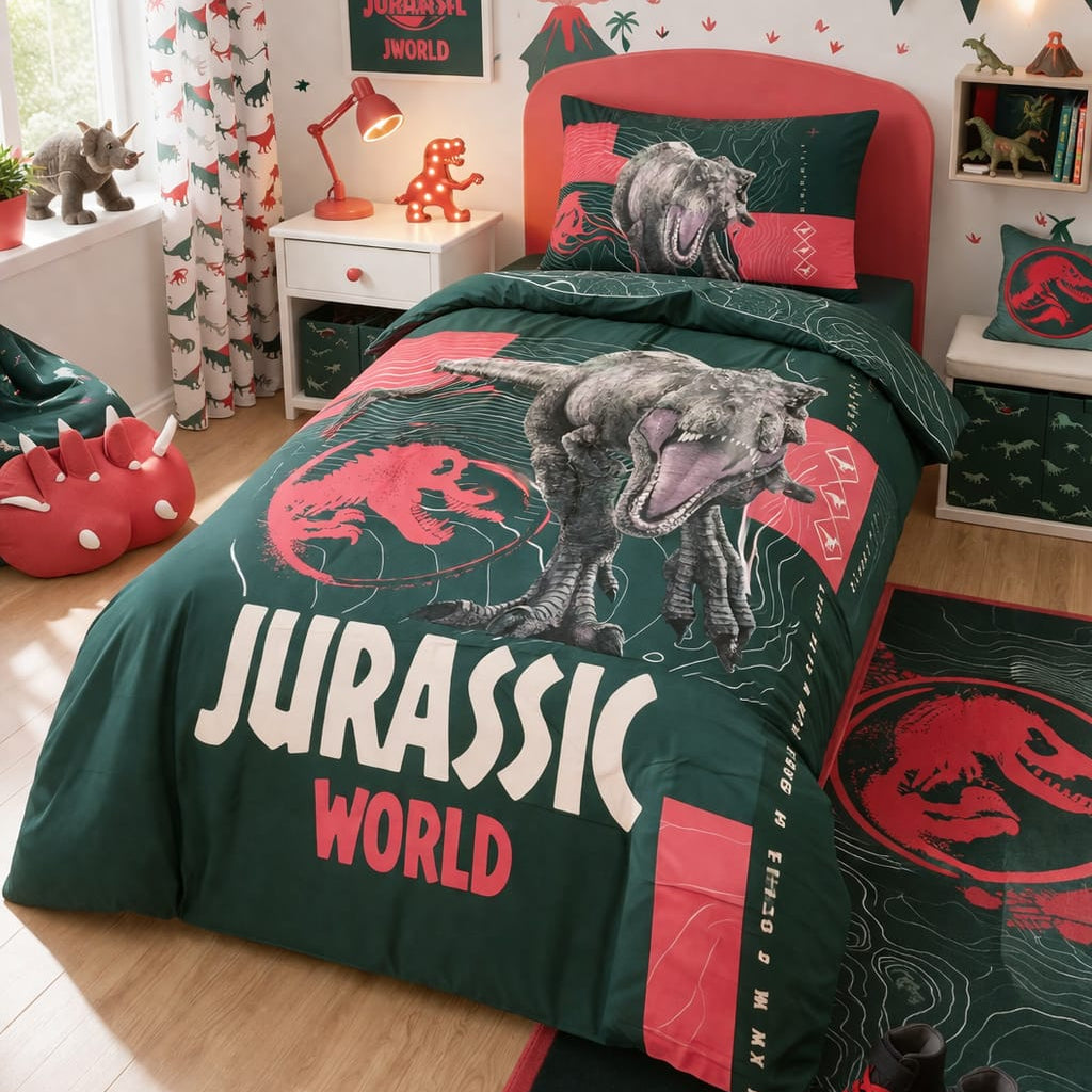 Deep green and coral kids single bed sheet with action dinosaur print