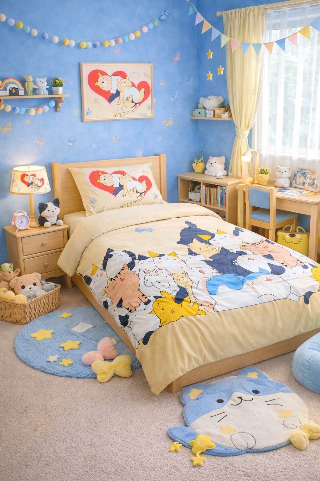 Pastel blue and yellow kids single bed sheet with sleeping anime-style kittens