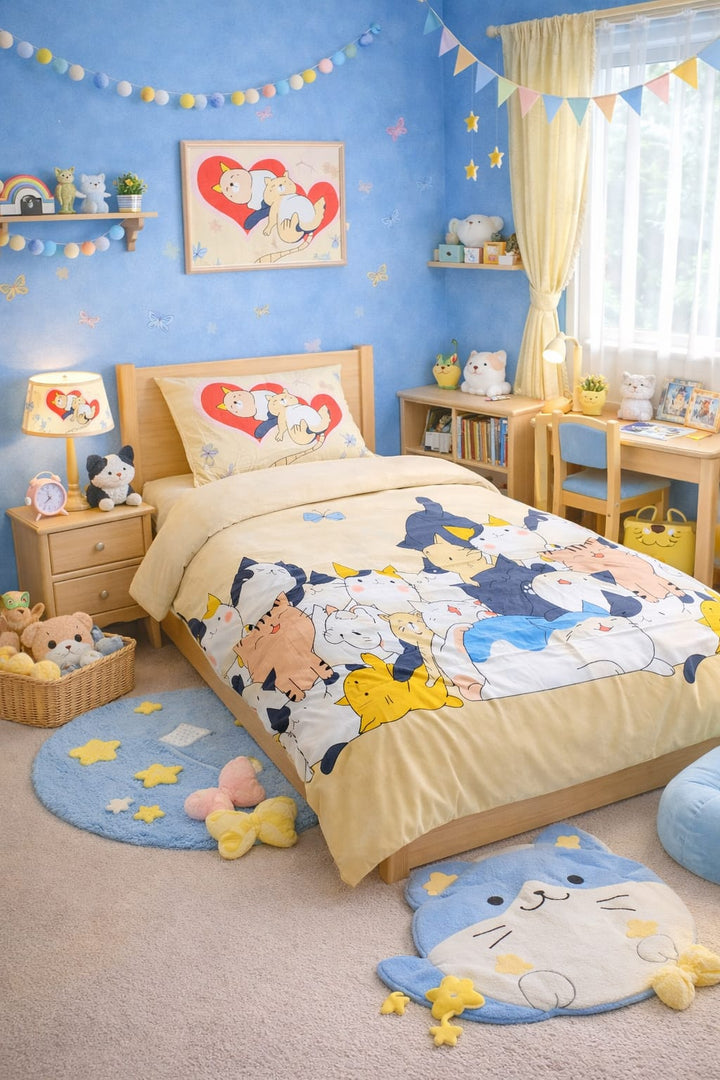 Pastel blue and yellow kids single bed sheet with sleeping anime-style kittens