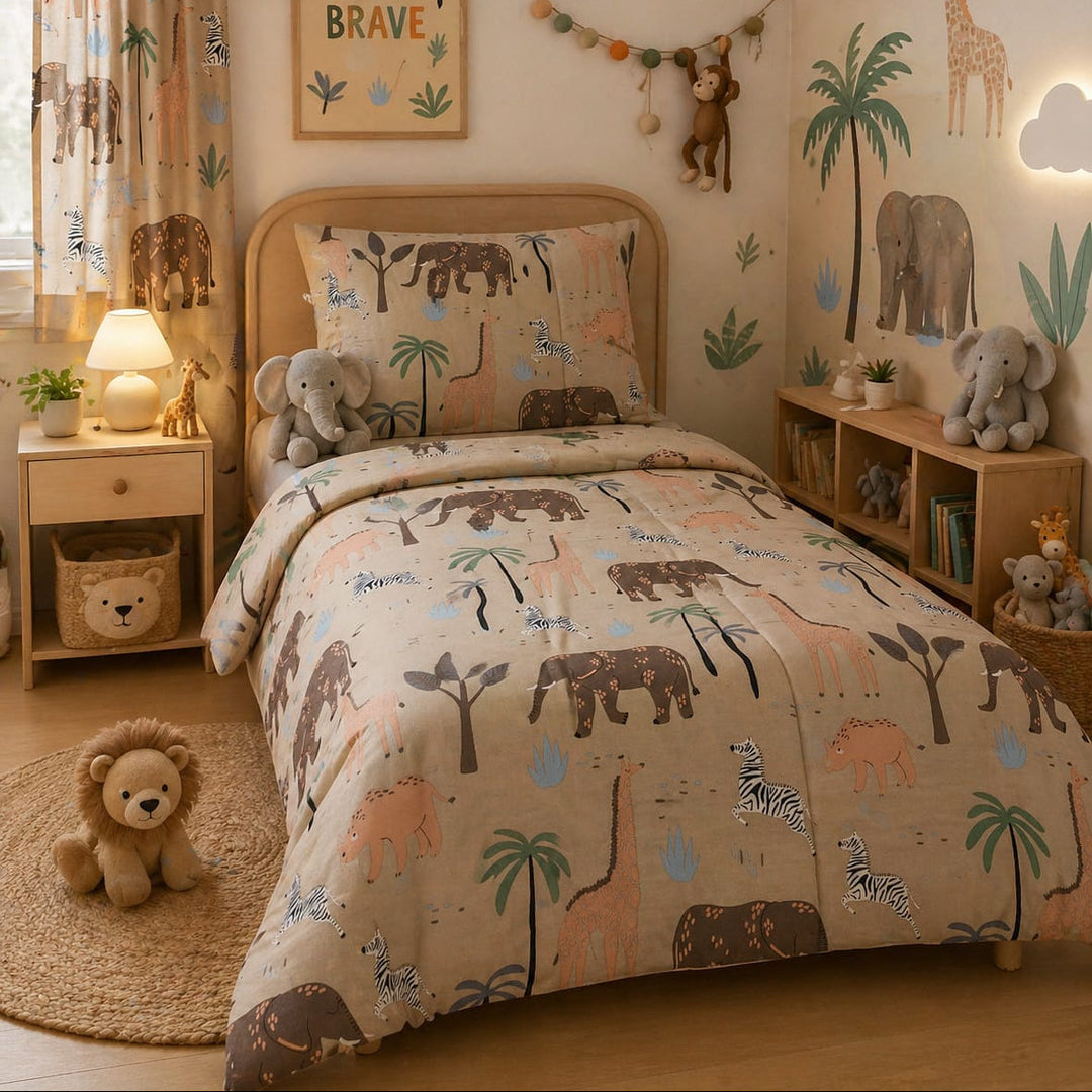 Warm earthy kids single bed sheet with elephant, giraffe, zebra and palm print
