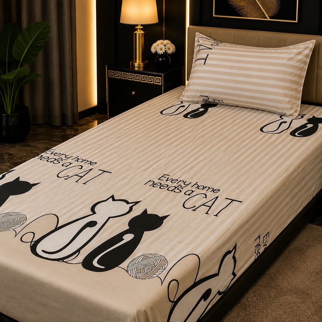 Beige striped kids single bed sheet with black and white cat silhouettes
