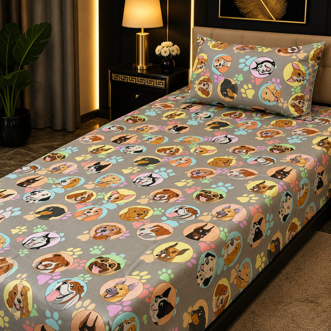 Kids single bed sheet with puppy face print