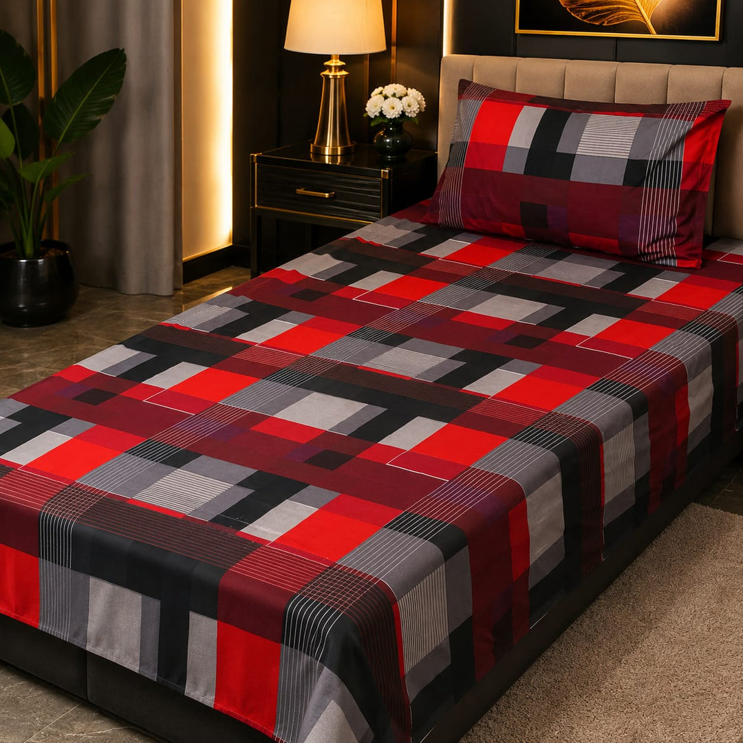 Red, black and grey geometric checkered kids single bed sheet