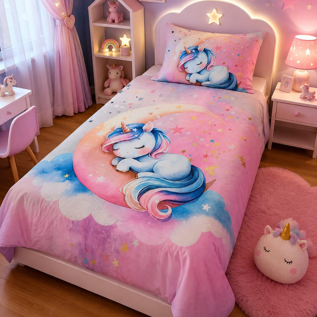 Pastel kids single bed sheet with sleeping unicorn, moon and star print
