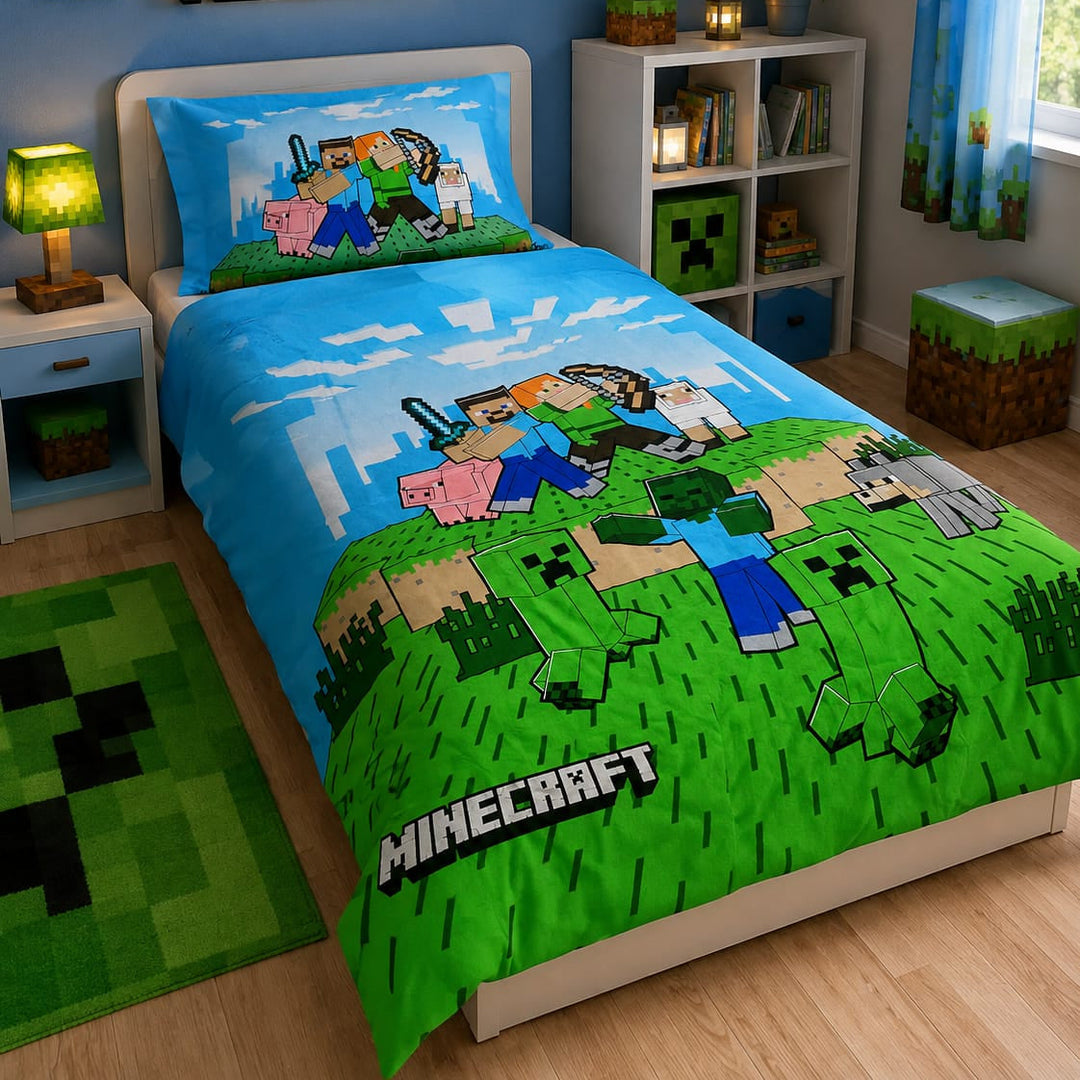 Green and blue kids single bed sheet with blocky world and character print