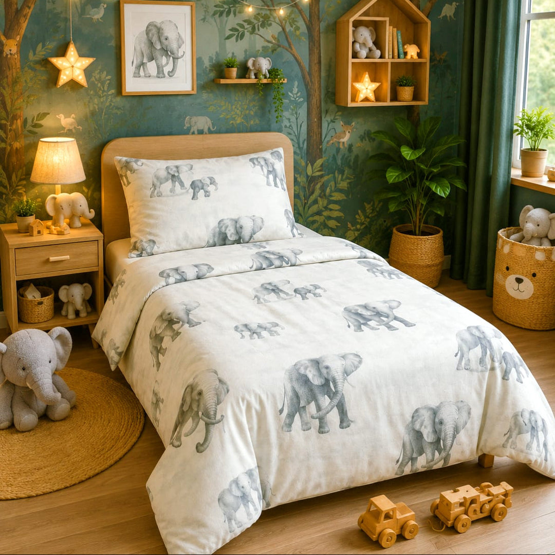 Ivory kids single bed sheet with soft watercolour baby elephant print