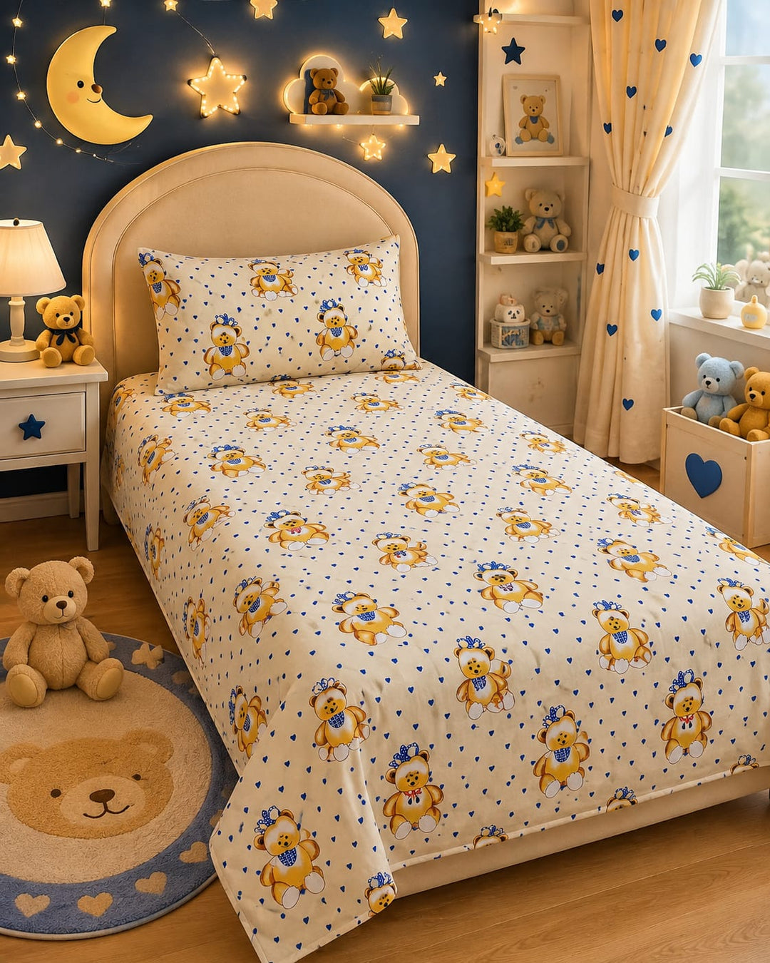 Cream kids single bed sheet with teddy bear and blue heart print