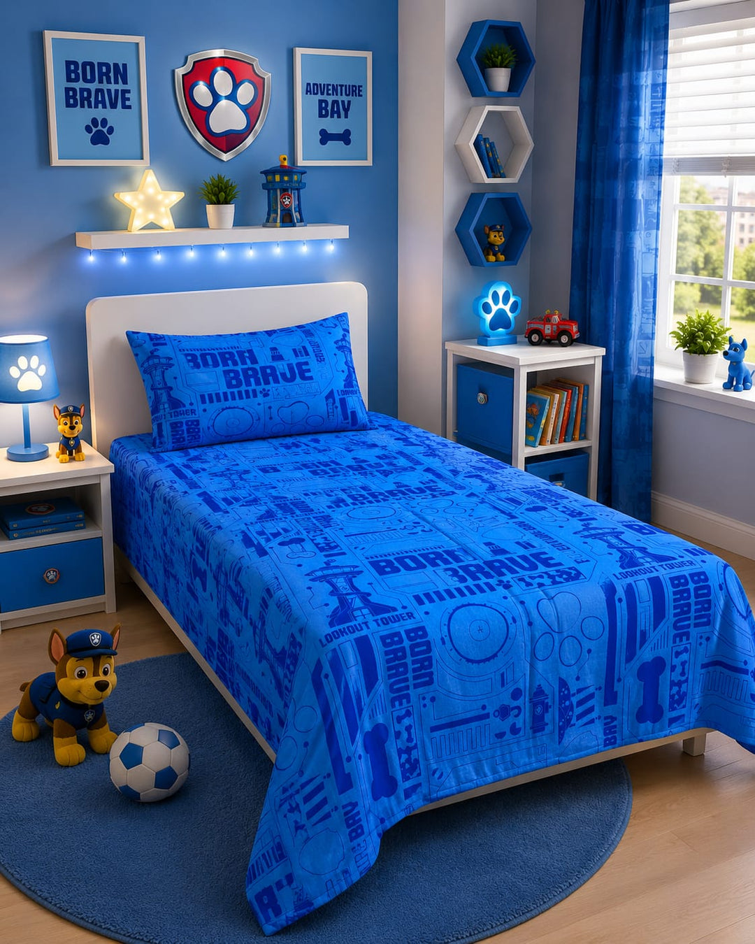 Blue kids single bed sheet with Born Brave badge and tower print