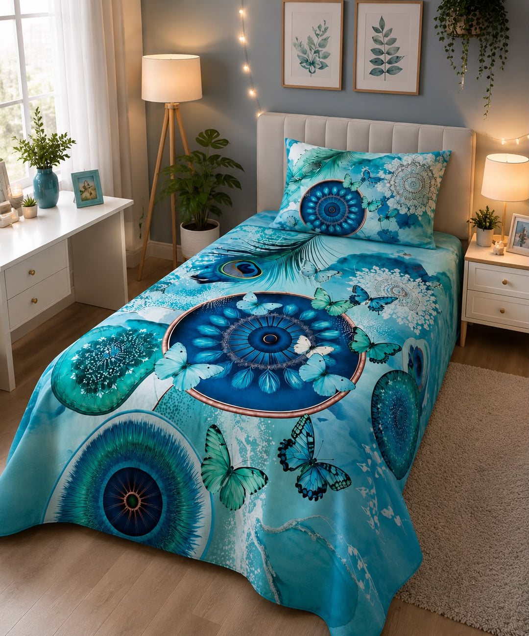 Teal and blue mandala and butterfly print kids single bed sheet with pillow case