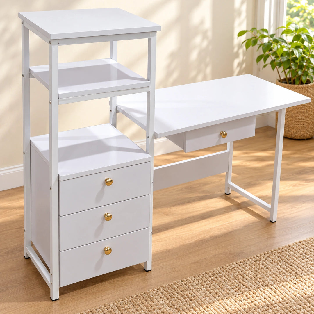White AAAZ desk with three tower drawers, one desk drawer and two open compartments