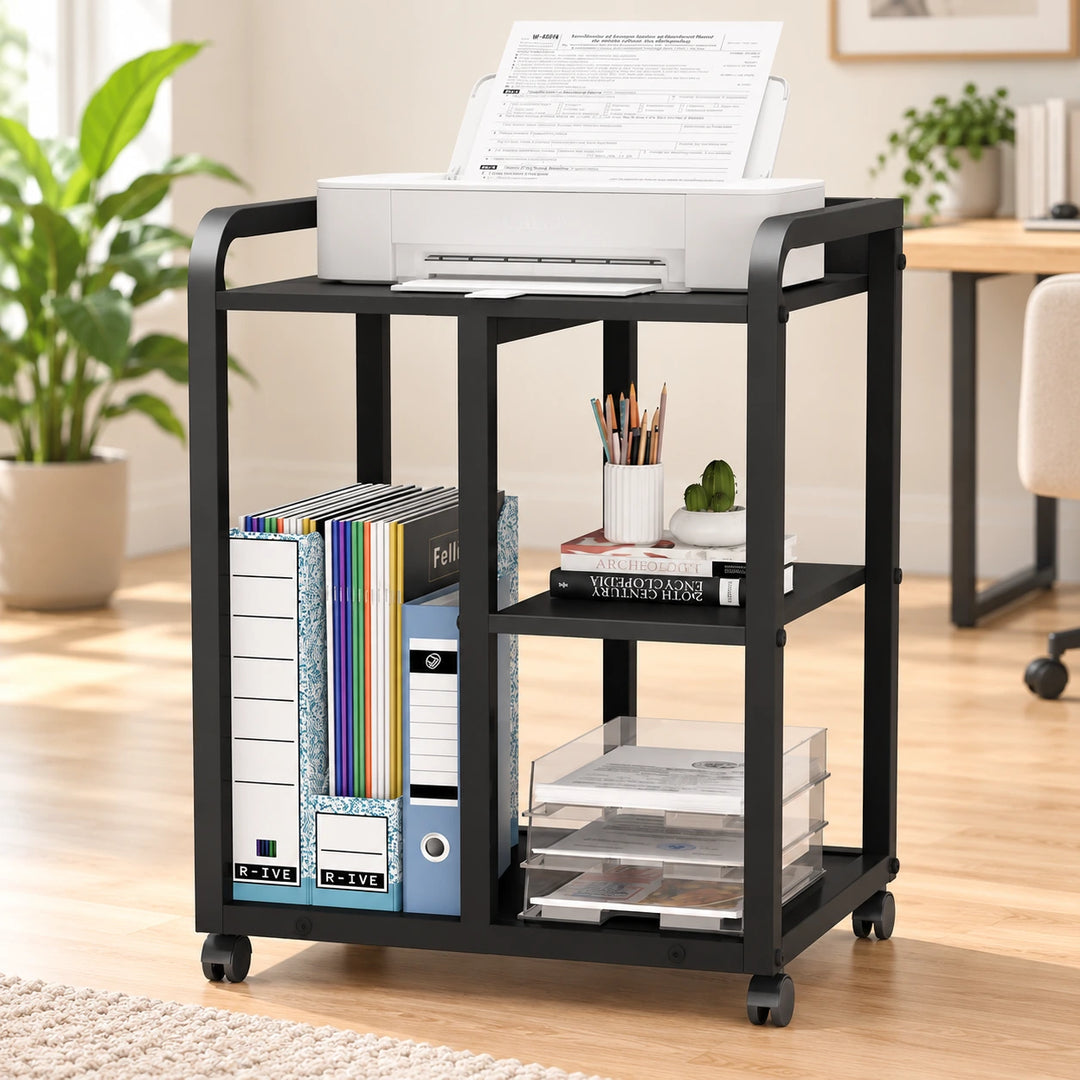 Black rolling printer trolley with files and office supplies in a daylight home office