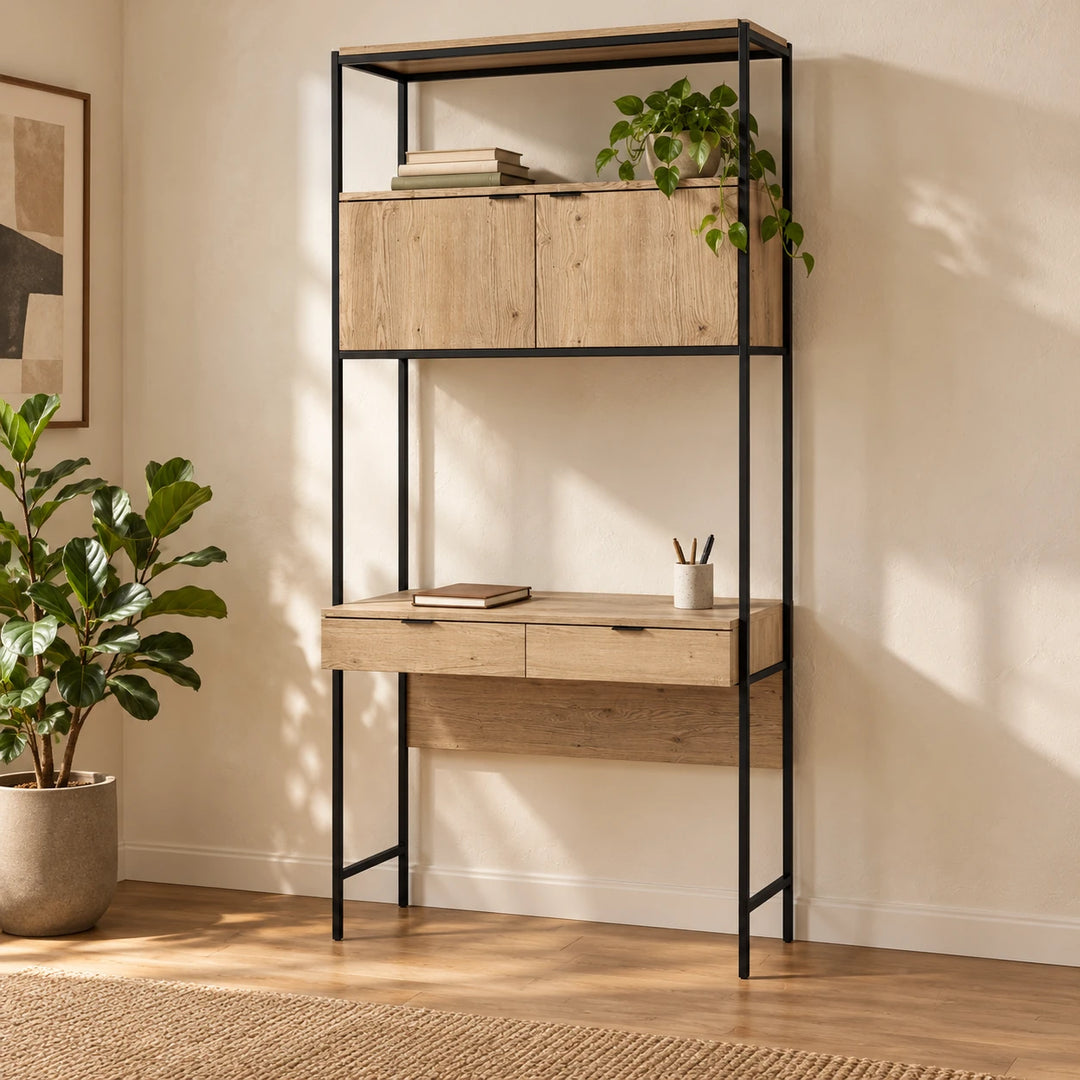 Brown wood cabinet desk with two upper doors and two drawers against a softly lit wall
