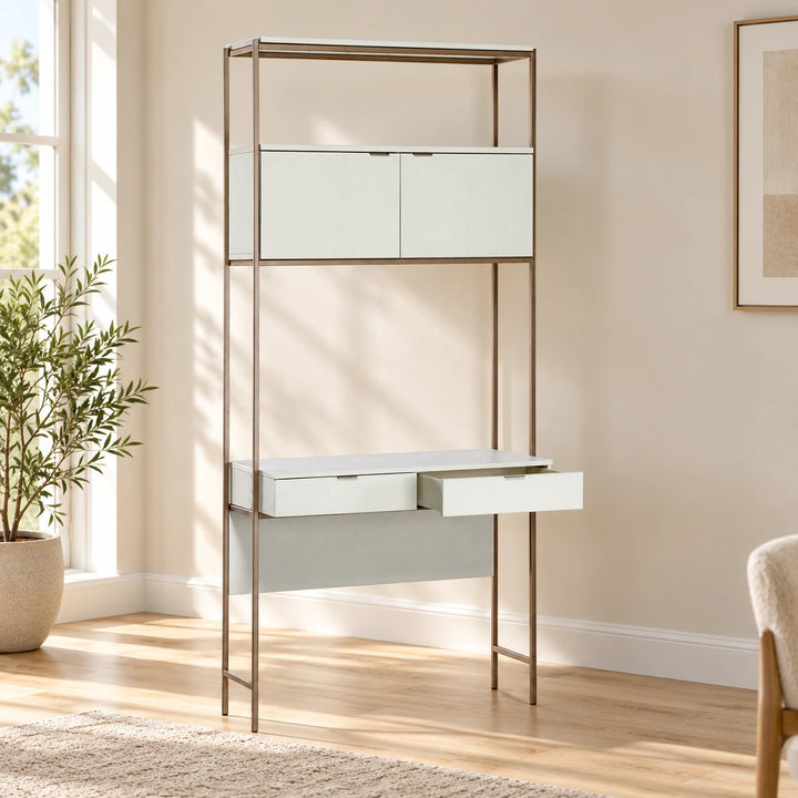 White cabinet desk in a naturally lit room