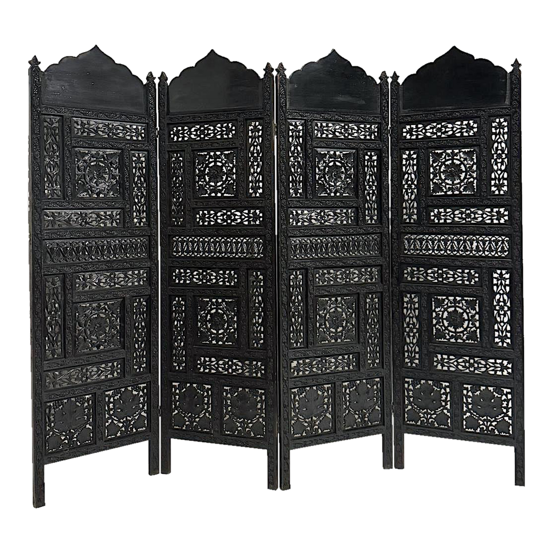Ebony Intricate Carved Openwork Black Partition Jaali