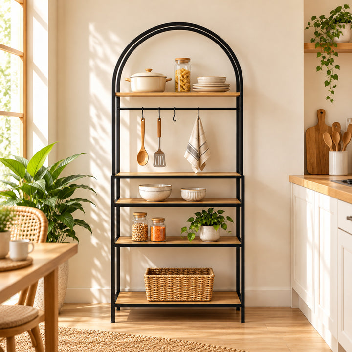 Arcadia bakers rack concept lifestyle view with natural greenery and warm kitchen styling