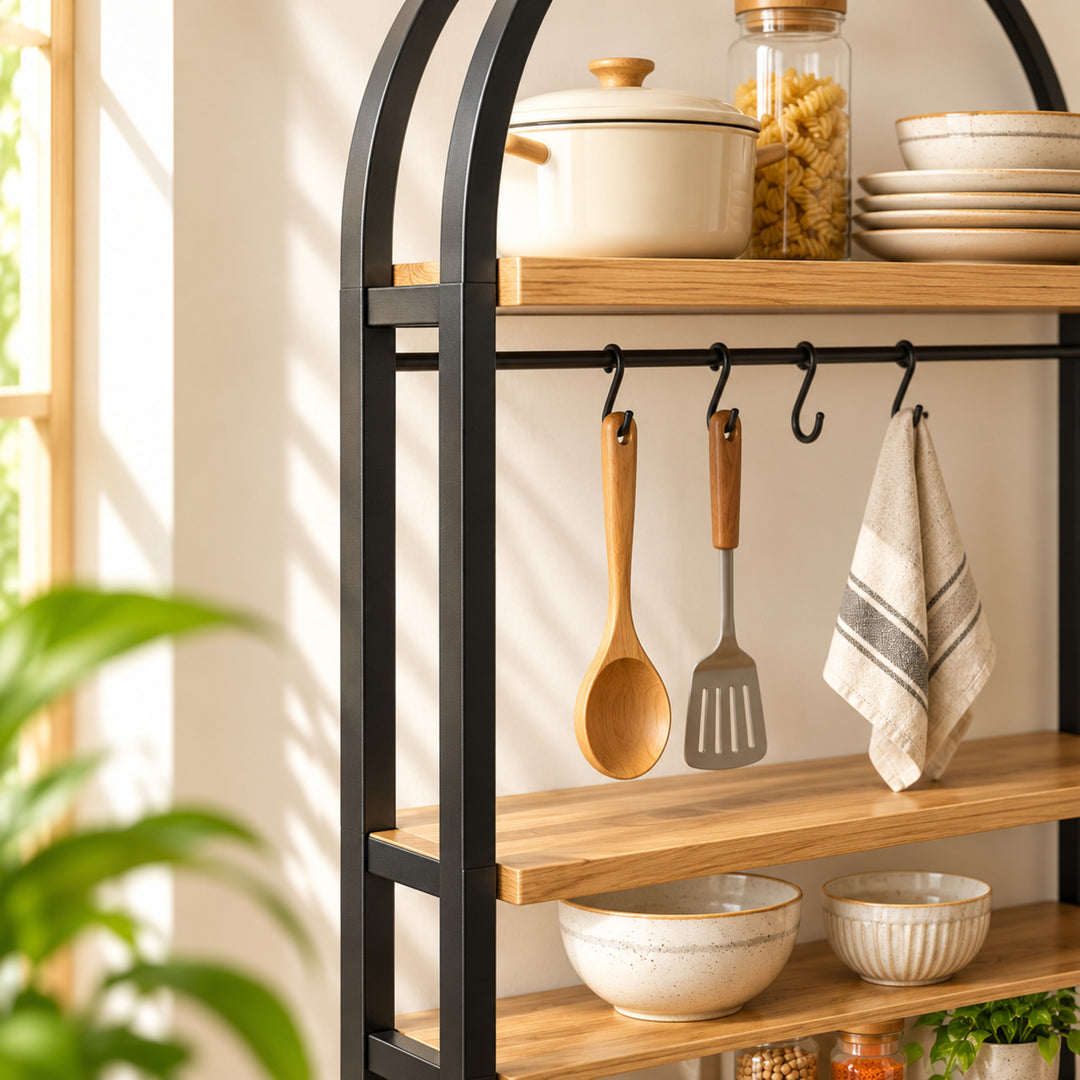 Arcadia bakers rack concept construction detail with natural greenery and warm kitchen styling