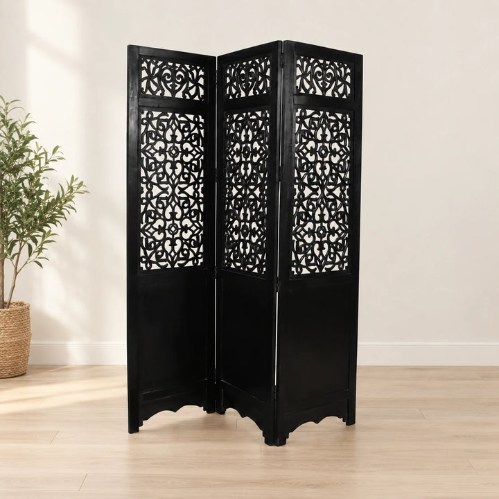 Black Artesia Style 1 room divider with three flat-top patterned panels in a naturally lit room