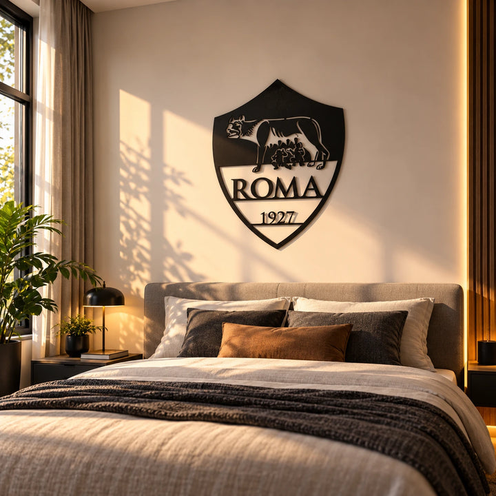 Black Roma 1927 crest wall art above a neutral bed in a sunlit room