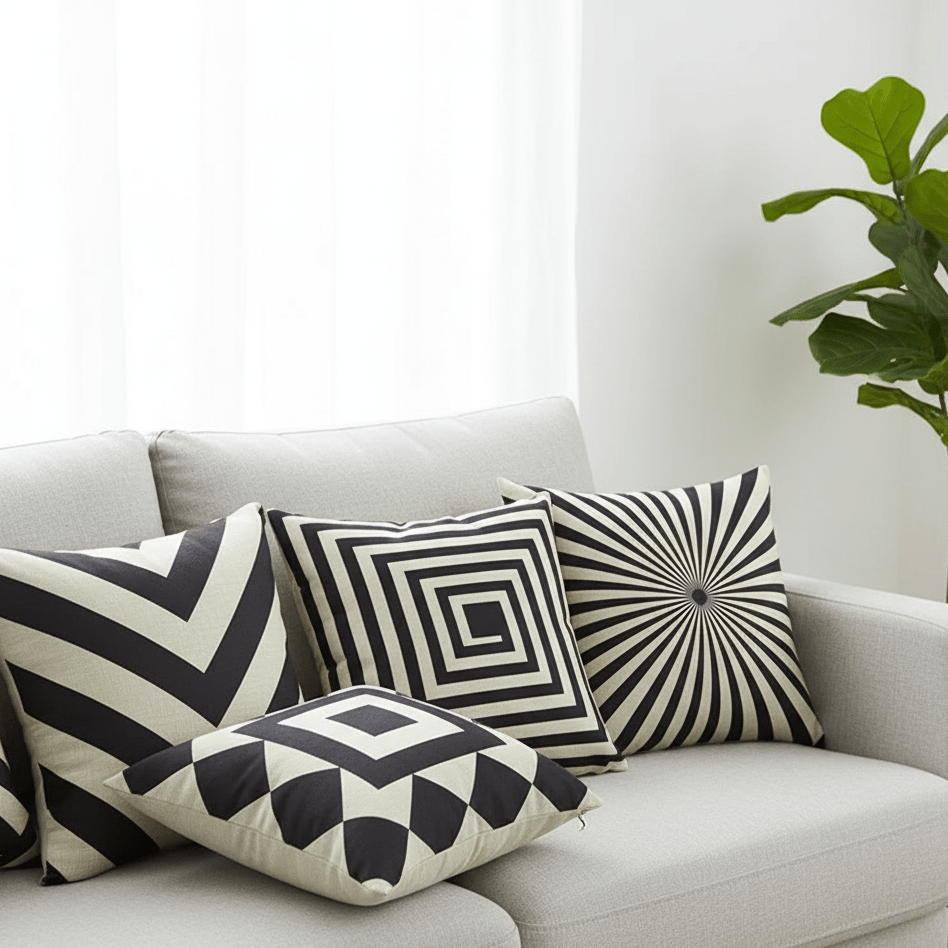 Black and white geometric cushion covers piled on a light grey sofa