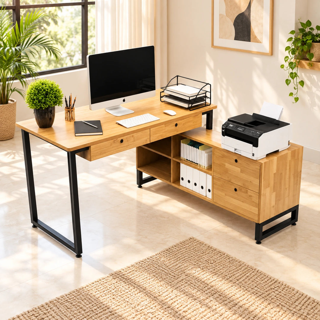 Pale wood Avel L-shaped desk with two desktop drawers, four cubbies and right-return drawer cabinet in a daylight home office