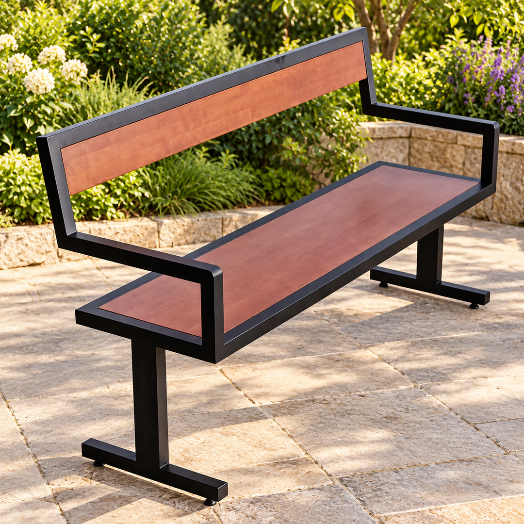 Azana wood and black metal bench with angular armrests on a sunlit garden patio
