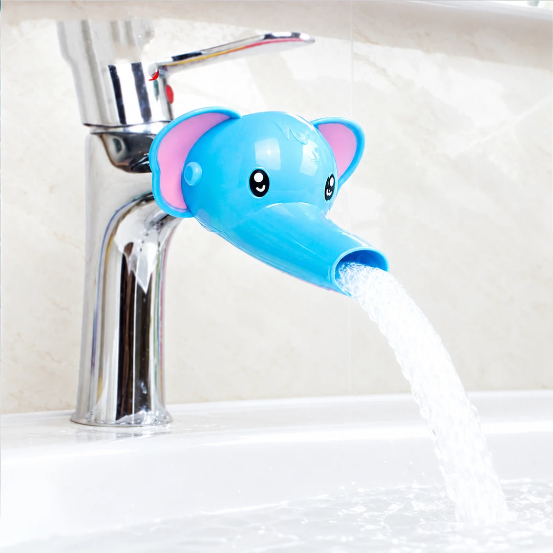 Blue elephant faucet attachment shown dispensing water into a basin
