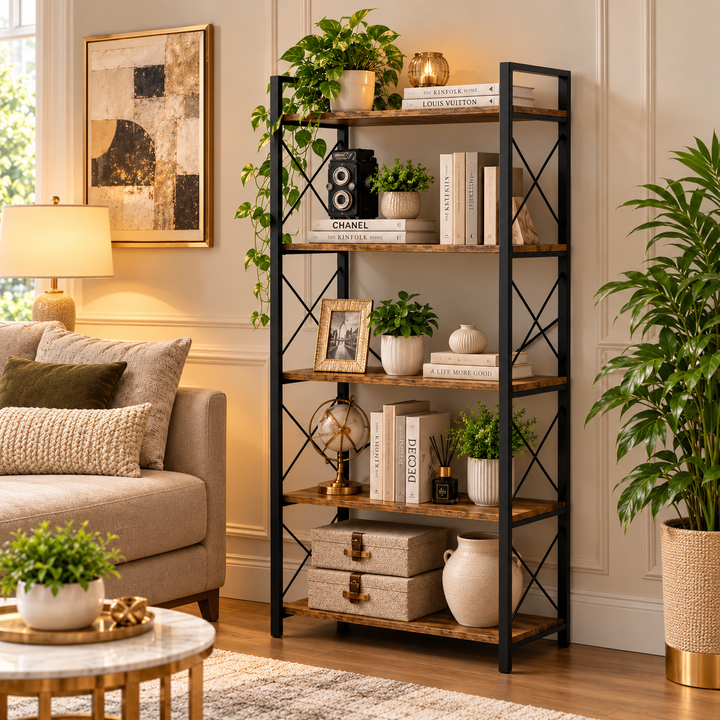 Tall brown bookcase with a black cross-braced frame holding books and decor
