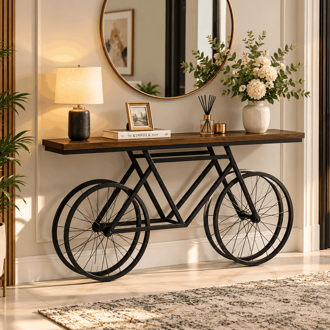 Brown-topped console table with a black bicycle-shaped base beneath a mirror