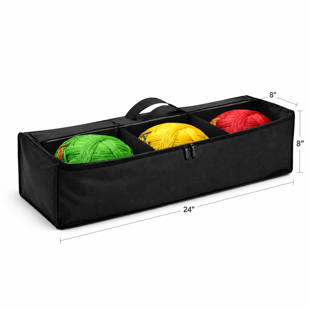 Black three-compartment kite spool organizer with zip lid and handle, 24 x 8 x 8 in