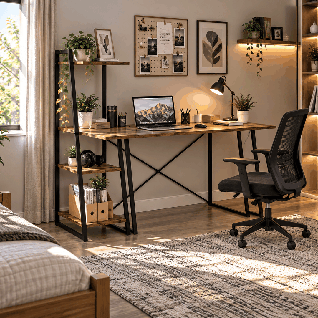 Rustic brown home office desk with black frame and side shelves beside large window