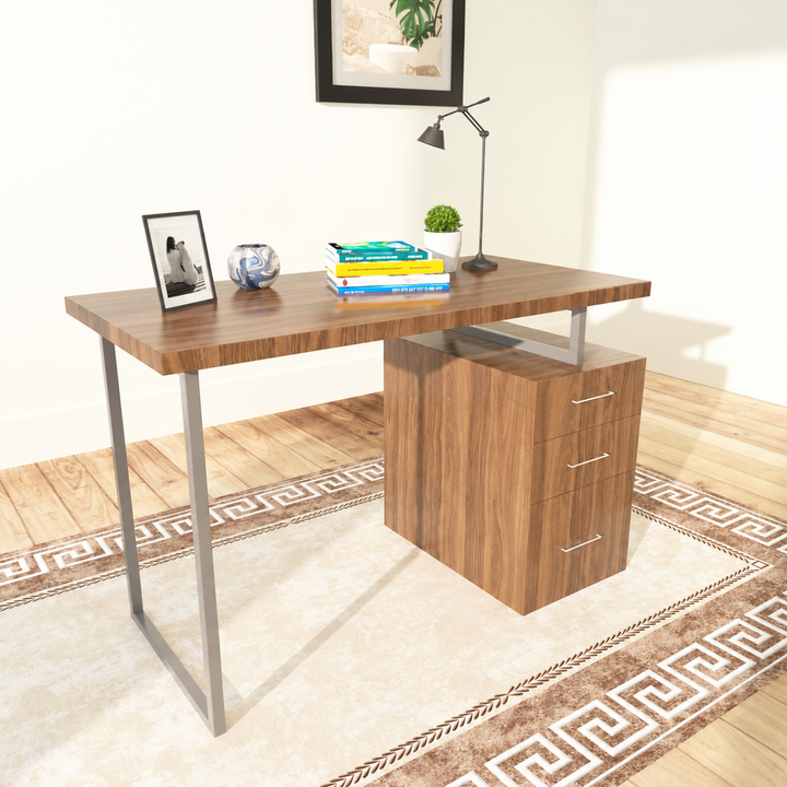 Bestier S002 brown woodgrain office desk with three drawers and silver metal frame