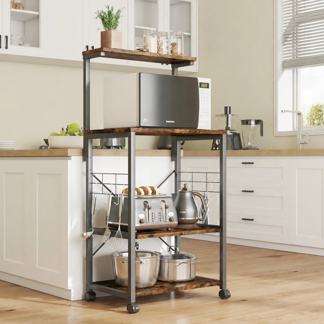 Bipartite brown four-tier kitchen rack with wheels and a black frame in a bright kitchen
