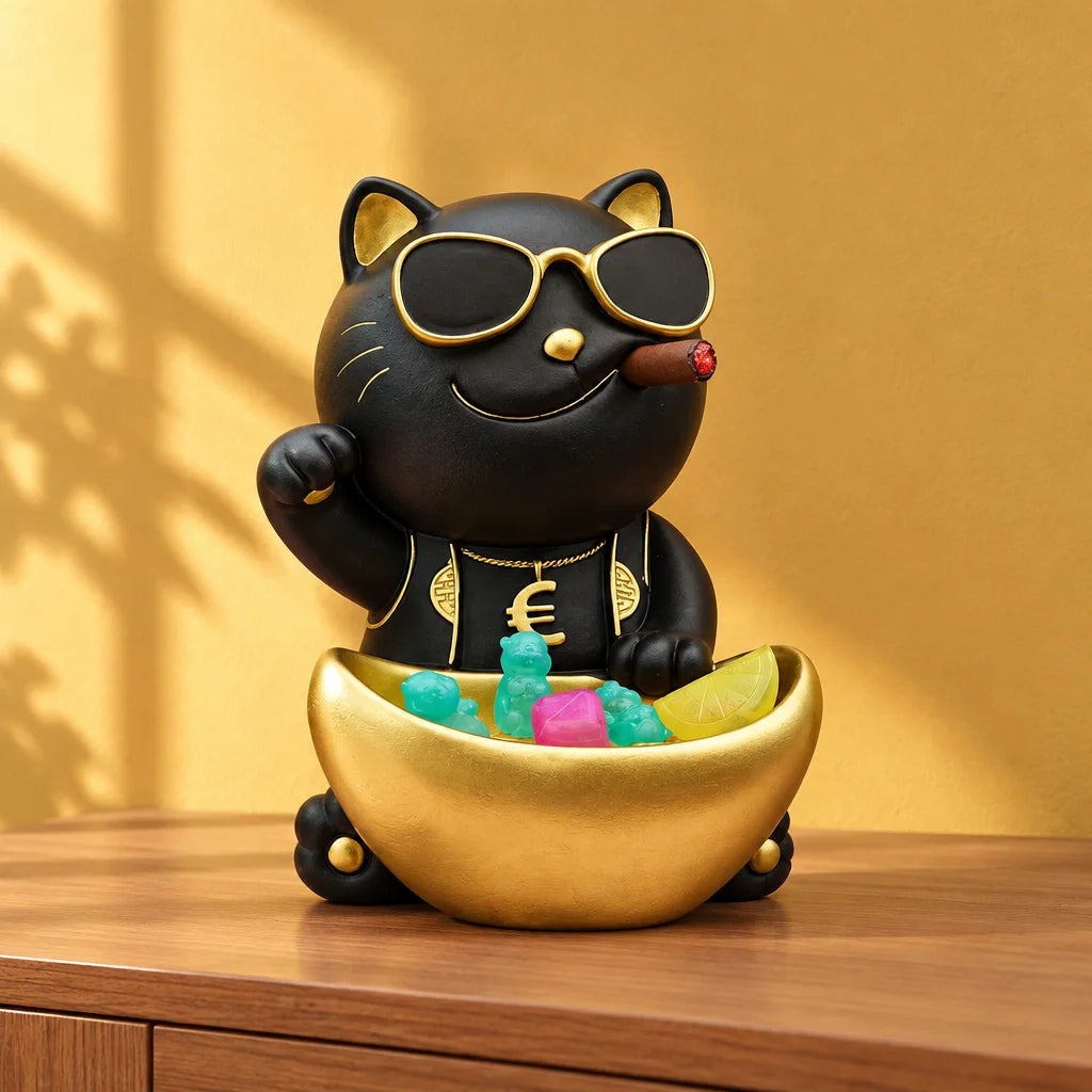 Black chunky cat decor with gold sunglasses sitting on gold bowl of colourful sweets