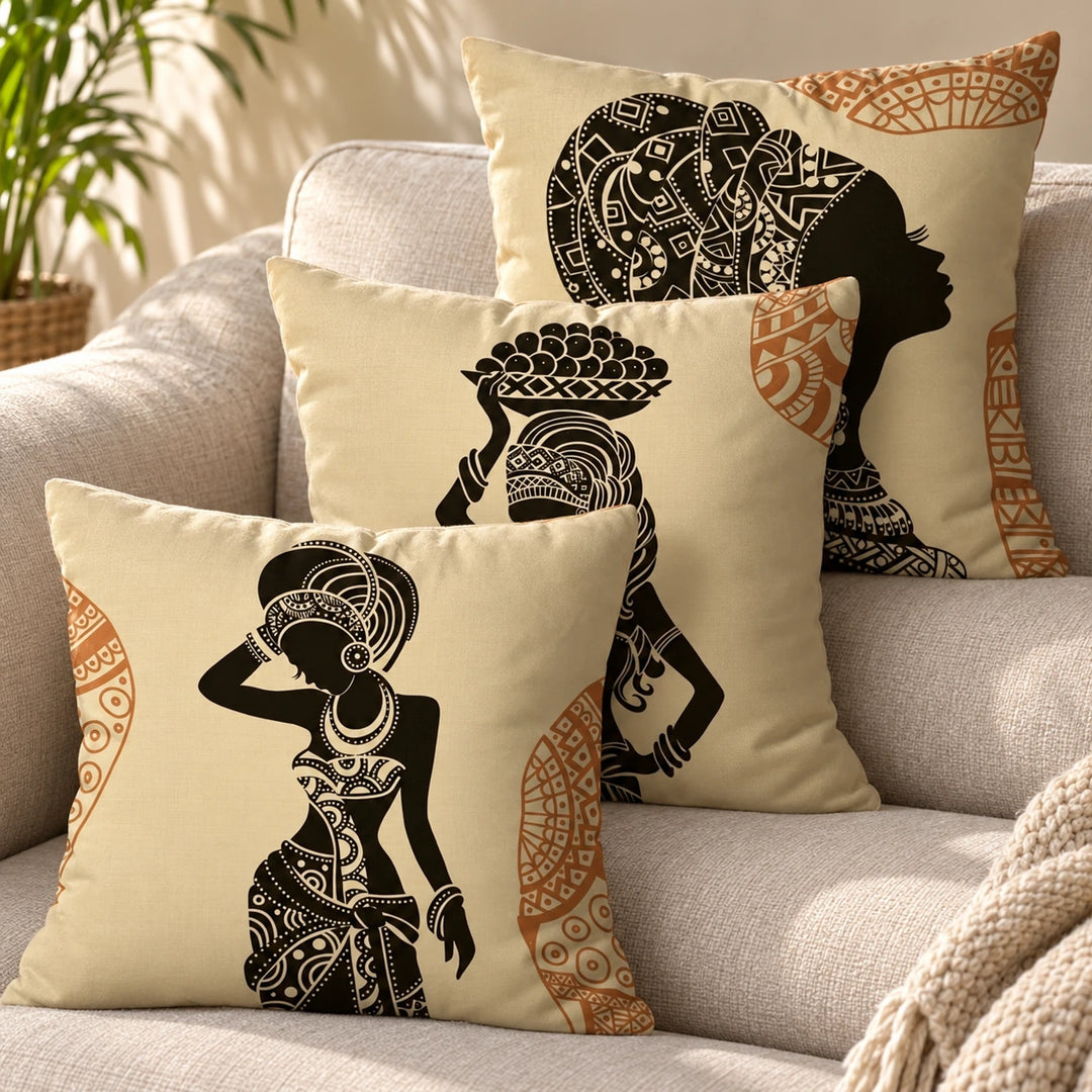 Set of three Black Queen cushion covers with black and rust-brown printed designs on a naturally lit sofa