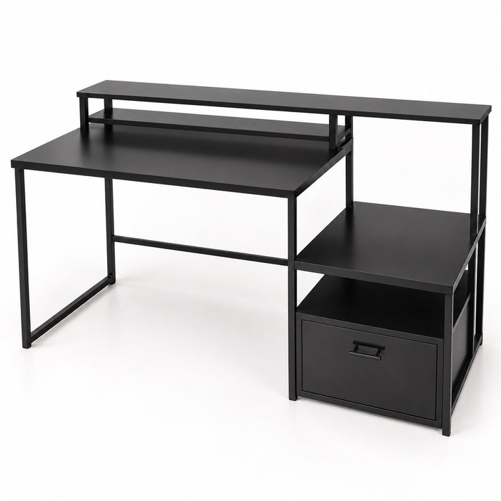 Black workstation desk with a raised monitor shelf, smaller upper shelf, right-side open storage and one lower drawer on a white background.