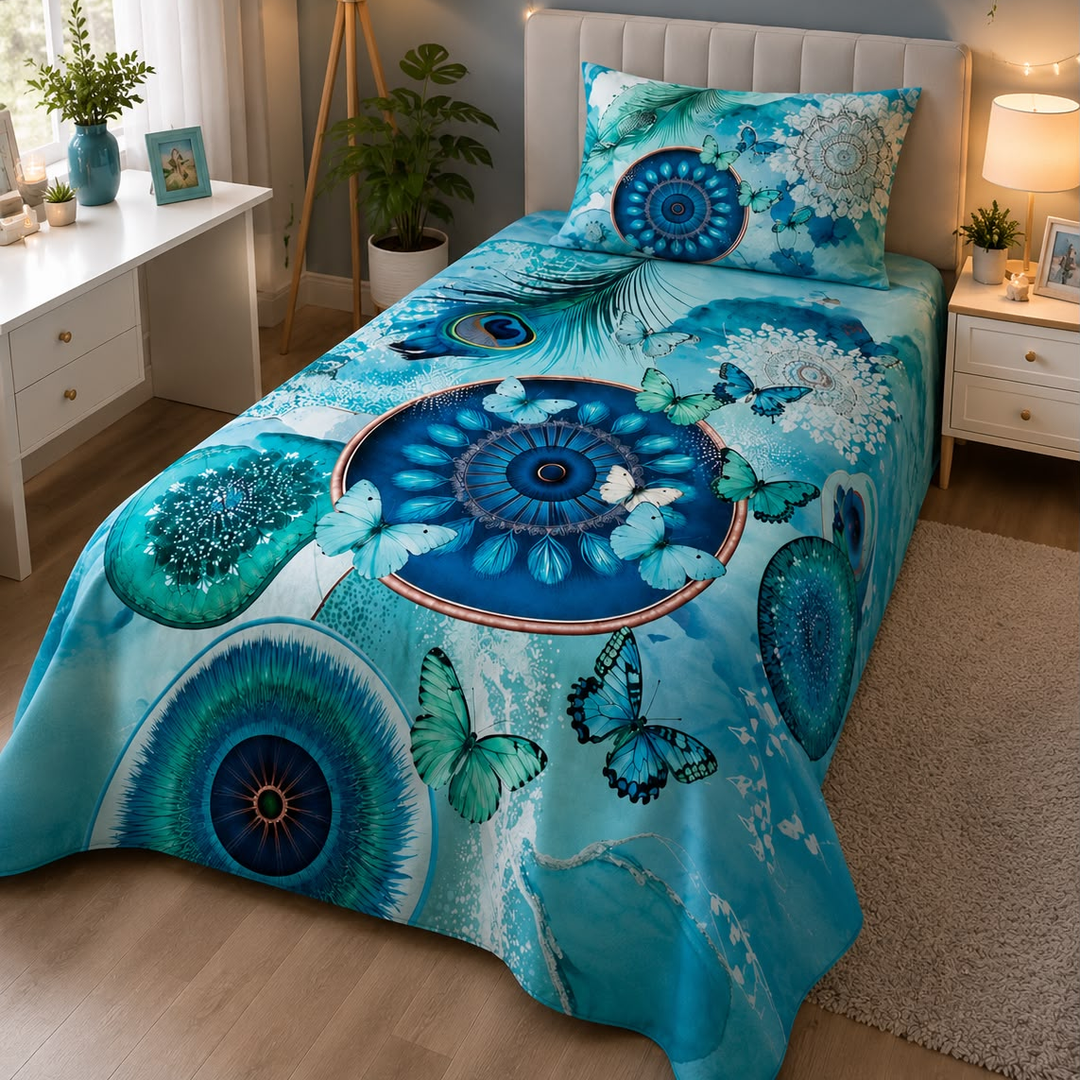Teal and blue mandala and butterfly print kids single bed sheet with pillow case