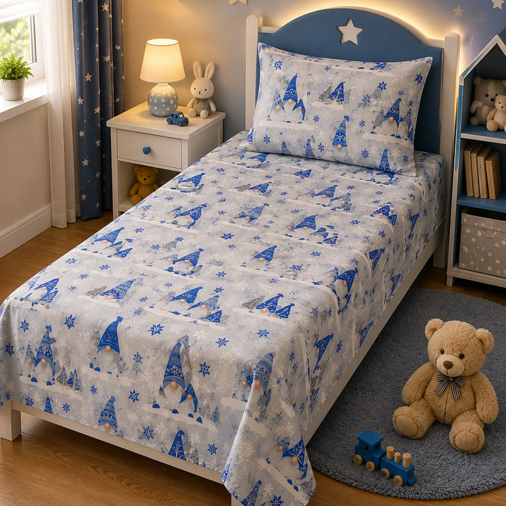 Blue and grey kids single bed sheet with winter gnome and snowflake print