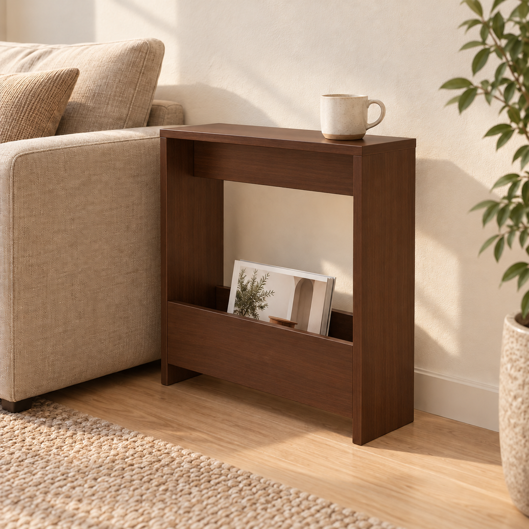 Brown Boconic slim side table with magazine pocket and mug beside a beige sofa