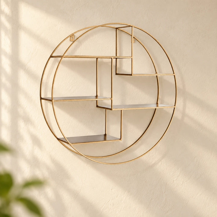 Champagne-gold circular wall shelf with five stepped empty shelves on a softly sunlit neutral wall
