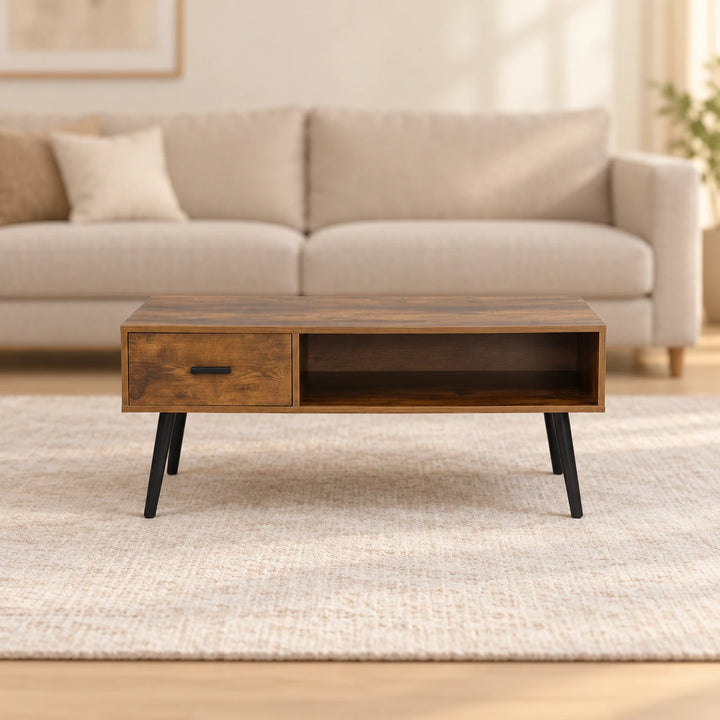 Bohozam MDF 4004 rustic brown coffee table with left drawer, open cubby and black legs in a warm living room