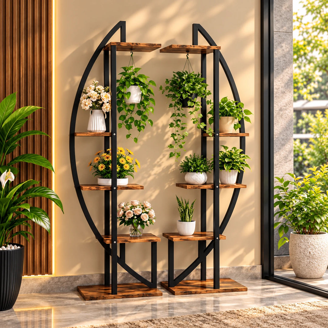 Curved black plant stand with staggered brown shelves holding potted plants