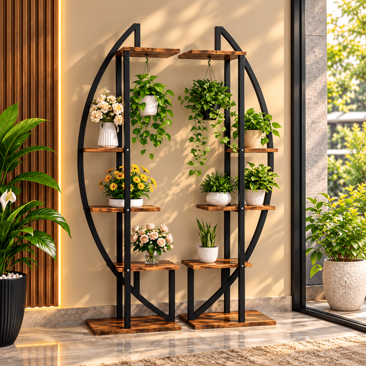 Curved black plant stand with staggered brown shelves holding potted plants