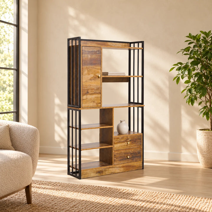 Asymmetric wood effect bookcase with cabinet and two drawers styled with books and a plant