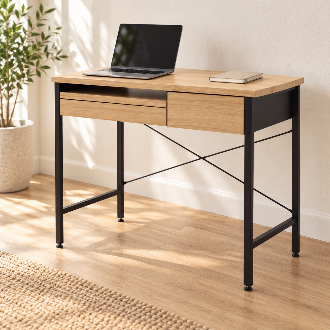 Boruto light wood desk with keyboard tray, drawer and black cross-braced frame in a sunlit office