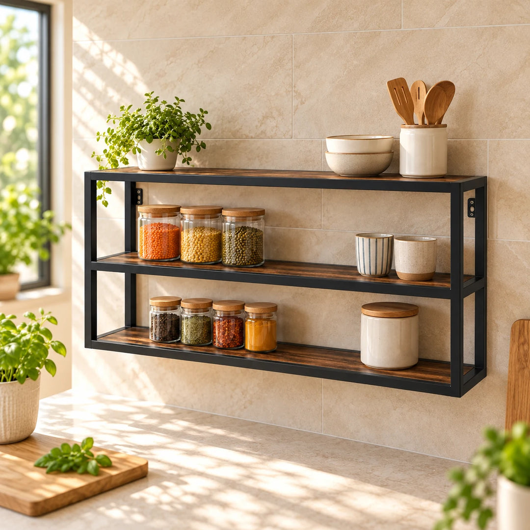 Bout three-tier walnut and black metal wall shelf with spice jars and ceramics in a sunlit kitchen