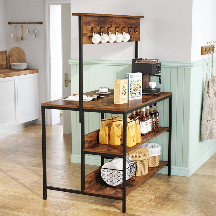 Kitchen island storage rack with hook panel and shelves in bright kitchen, side angle