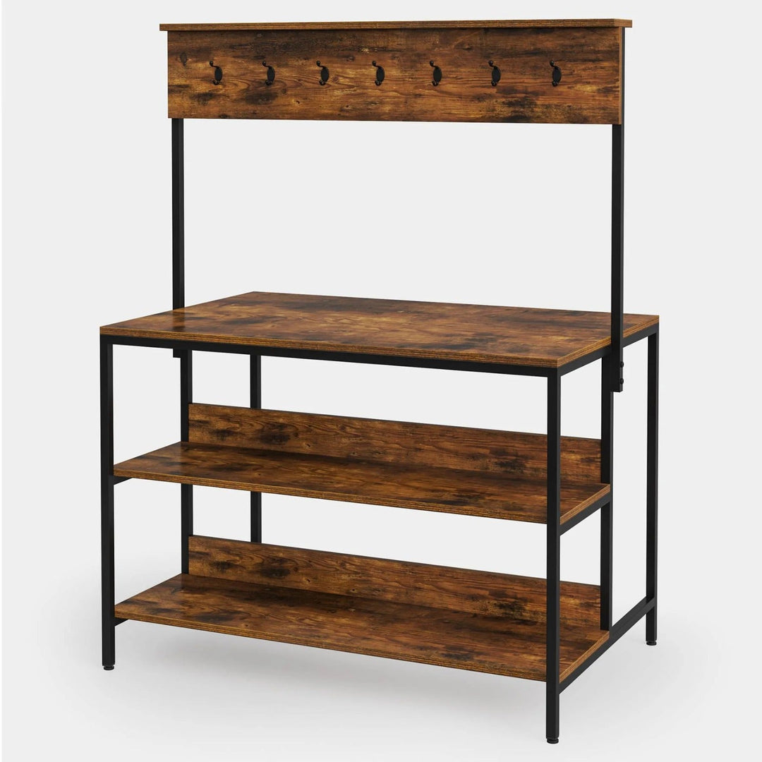 Front view of empty rustic brown kitchen island rack with hook panel on white background