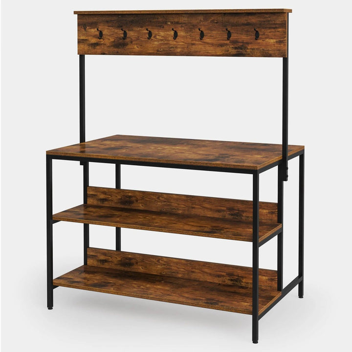 Front view of empty rustic brown kitchen island rack with hook panel on white background