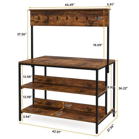 Dimension diagram of kitchen island bakers rack with hook panel and two shelves