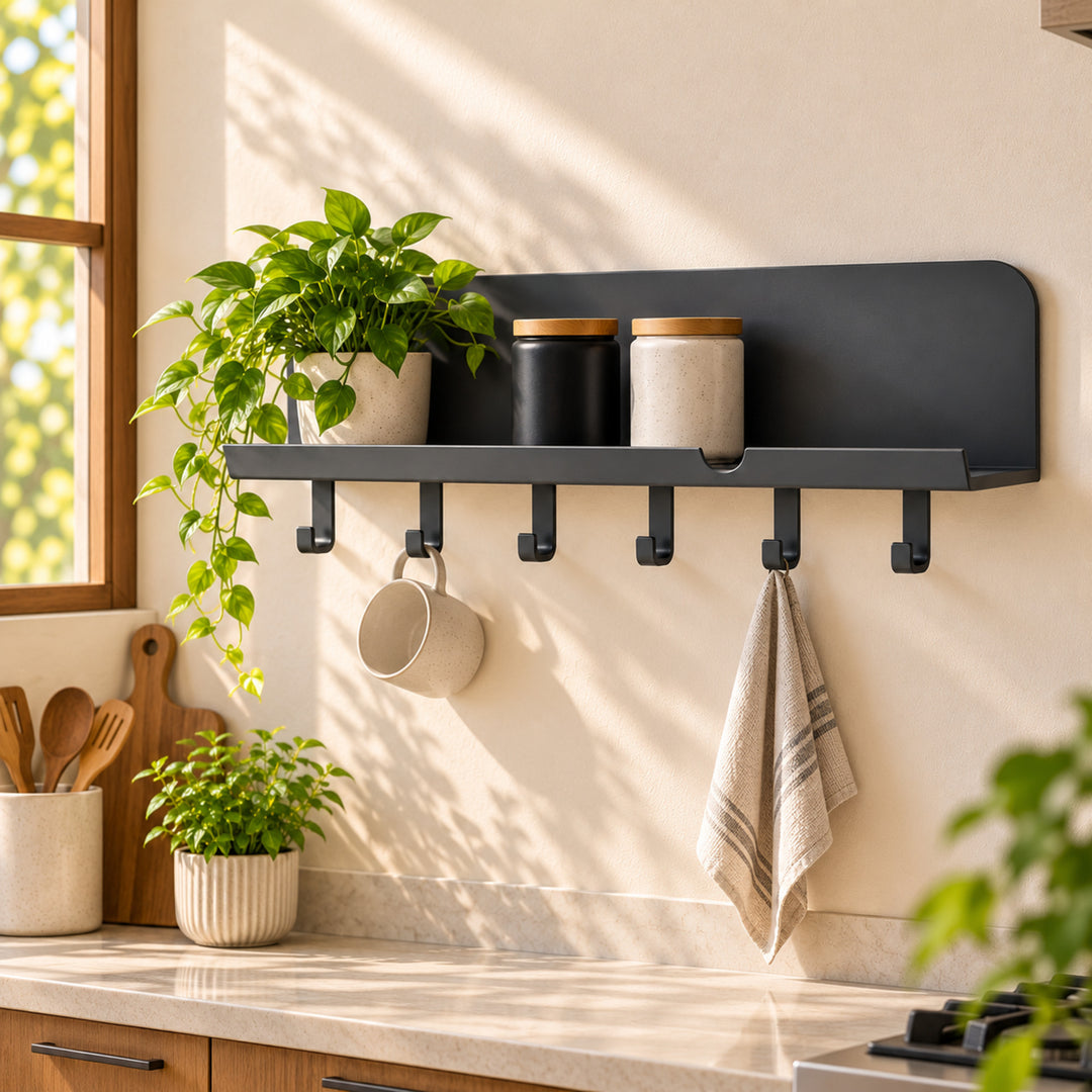 Brewmo coffee bar organizer concept lifestyle view with natural greenery and warm kitchen styling